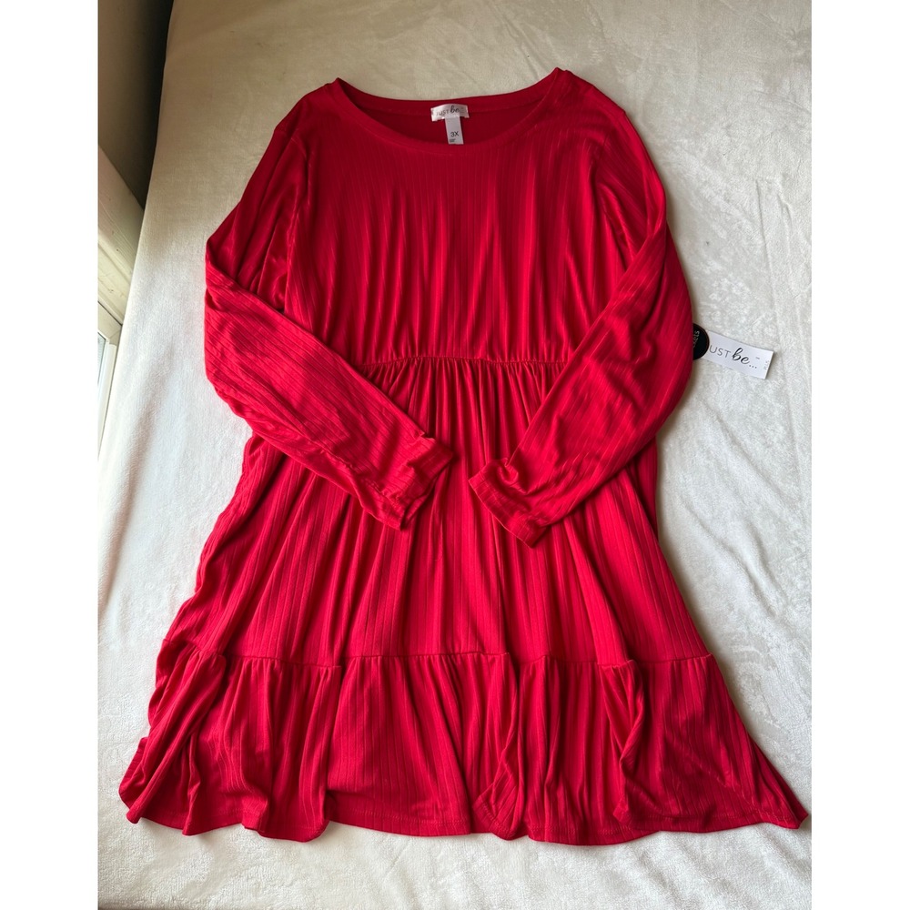 Just Be Red Ribbed Long Sleeve Tiered Ruffle Dress Plus Size 3X New With Tags